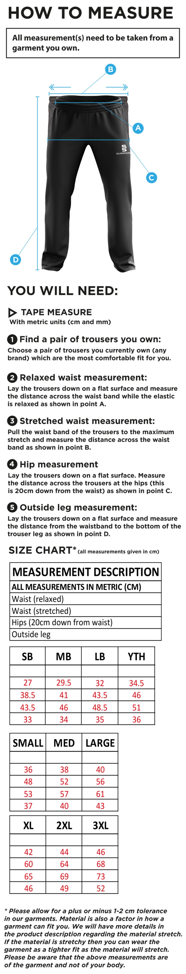 Byfleet CC Ripstop Track Pants - Size Guide