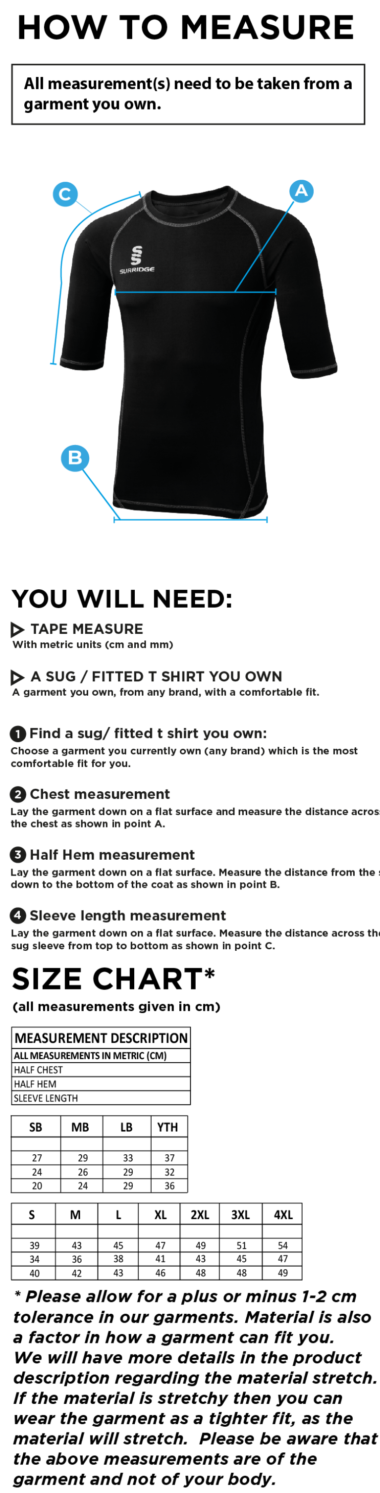 Premier Short Sleeve Sug Navy - Size Guide