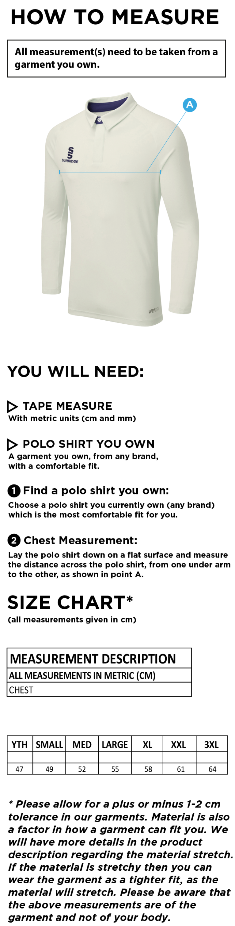 Byfleet CC Senior L/S Tek shirt - Size Guide