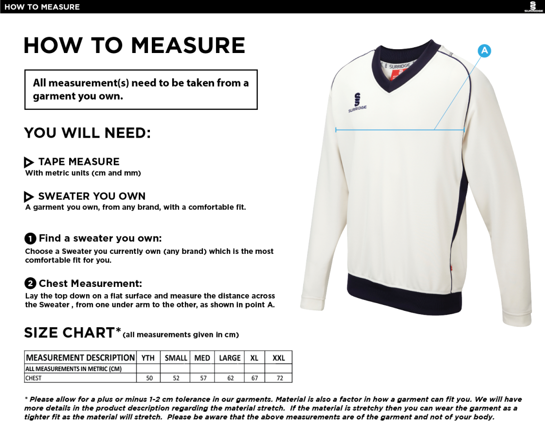 Byfleet CC COLTS Curve Long Sleeve Sweater - Size Guide
