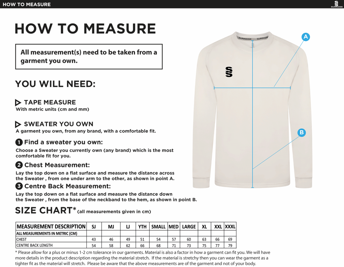 BYFLEET CC Blast Long Sleeve Cricket Sweater - Size Guide