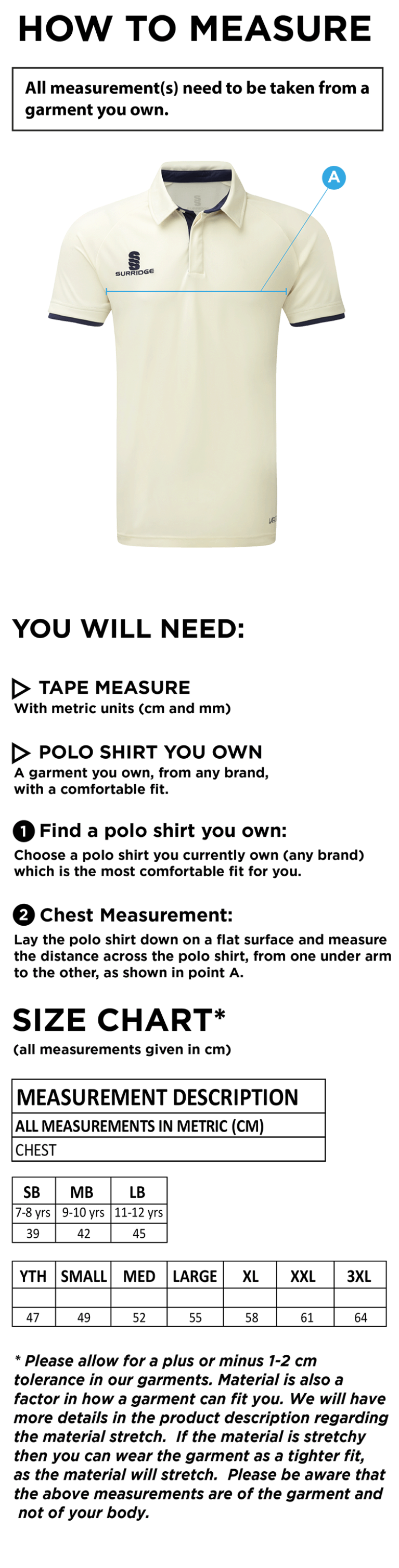 Byfleet CC Senior Tek S/S shirt - Size Guide