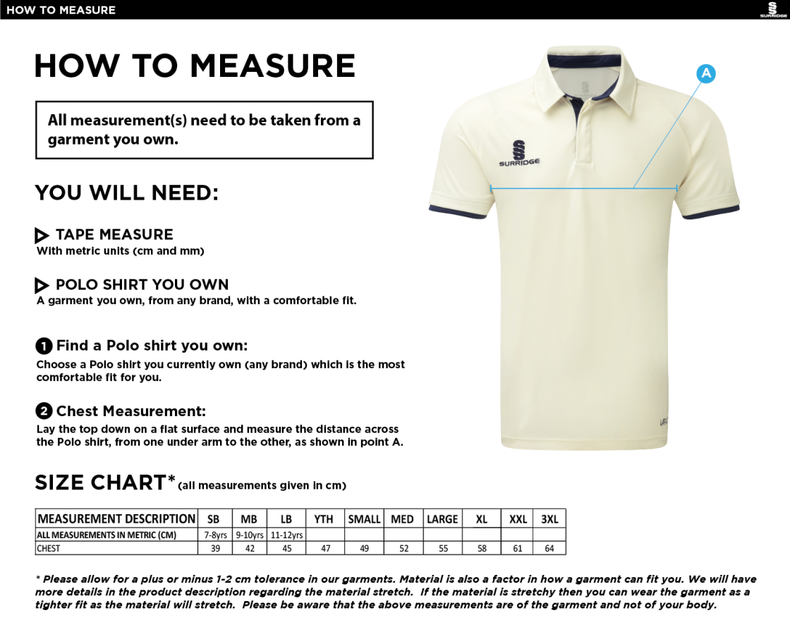 Byfleet CC Senior Tek S/S shirt - Size Guide