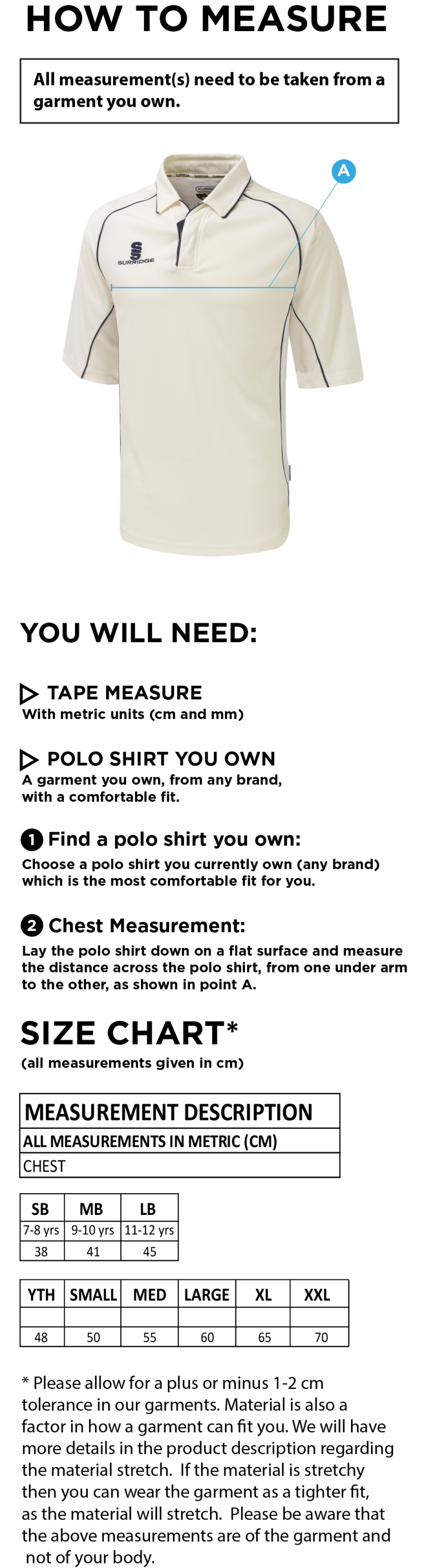 Byfleet CC Premier Cricket Shirt - 3/4 Sleeve - Size Guide