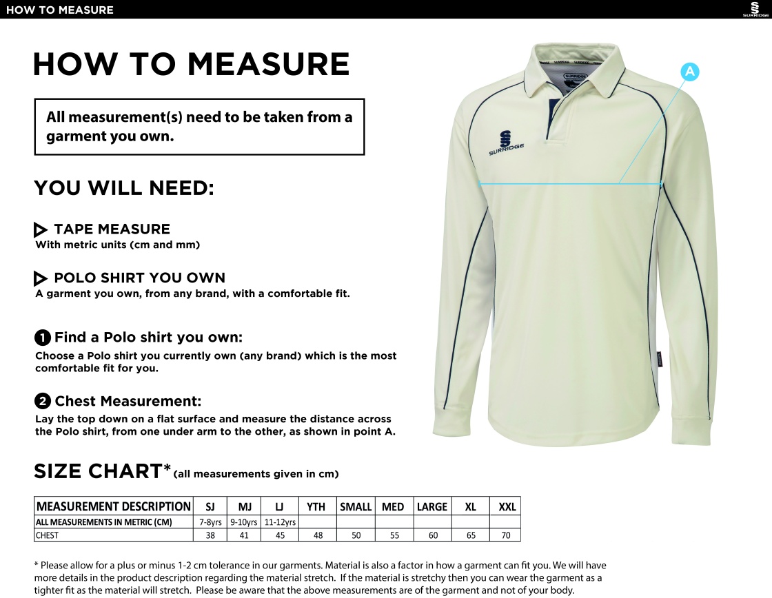 Byfleet CC Premier Playing Shirt Long Sleeved - Size Guide