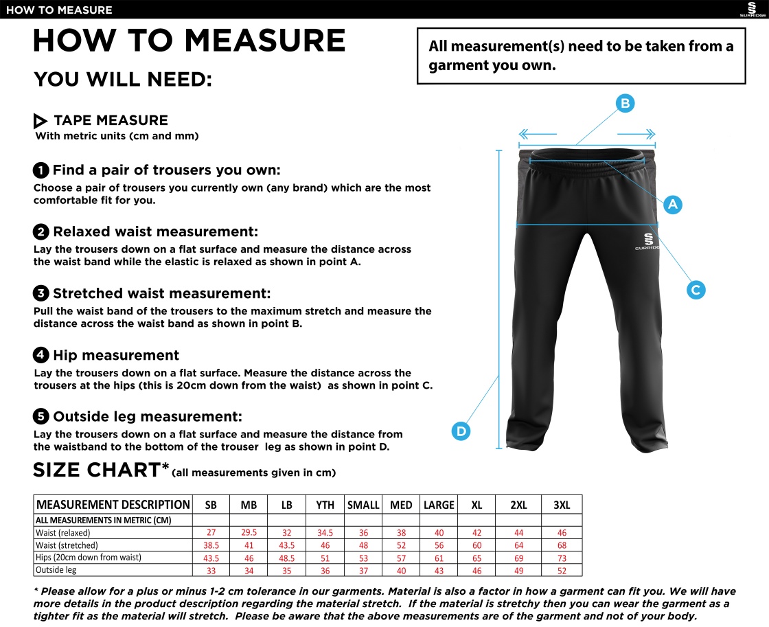 Byfleet CC Ripstop Track Pants - Size Guide