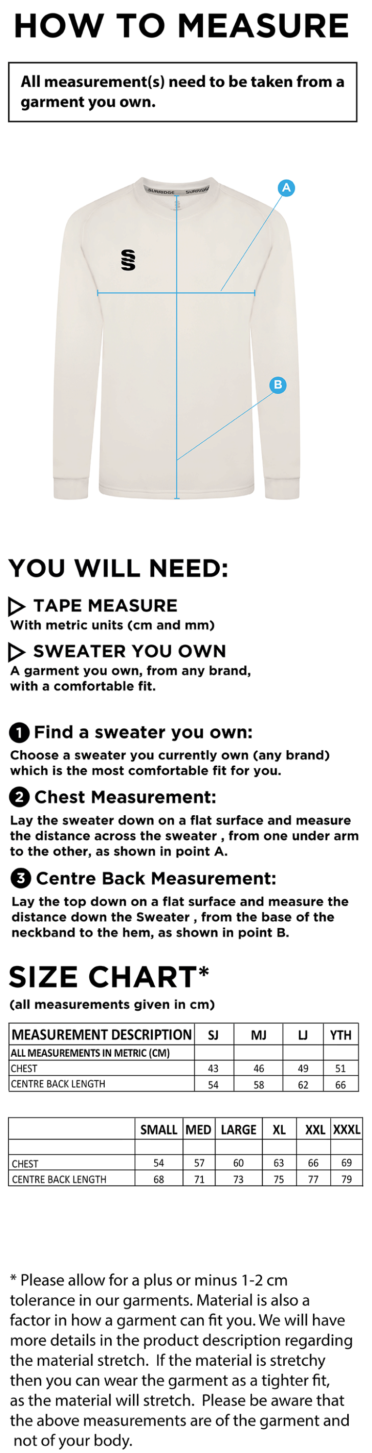 BYFLEET CC Blast Long Sleeve Cricket Sweater - Size Guide