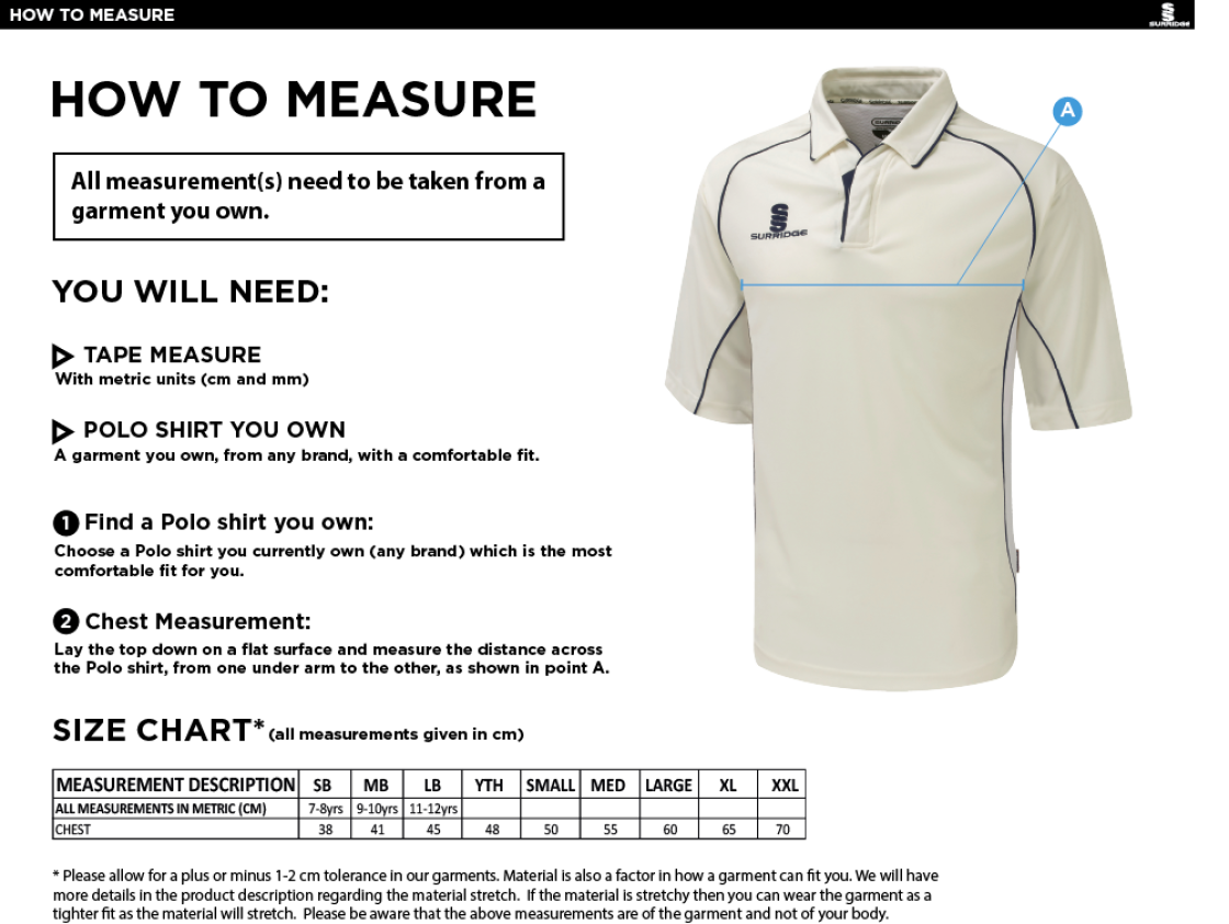 Byfleet CC Premier Cricket Shirt - 3/4 Sleeve - Size Guide