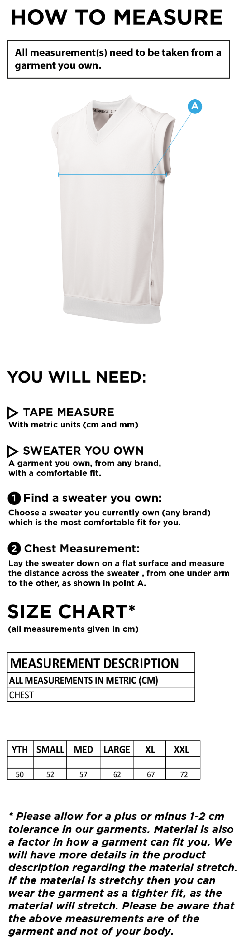 Byfleet CC Senior Sleeveless Sweater - Size Guide