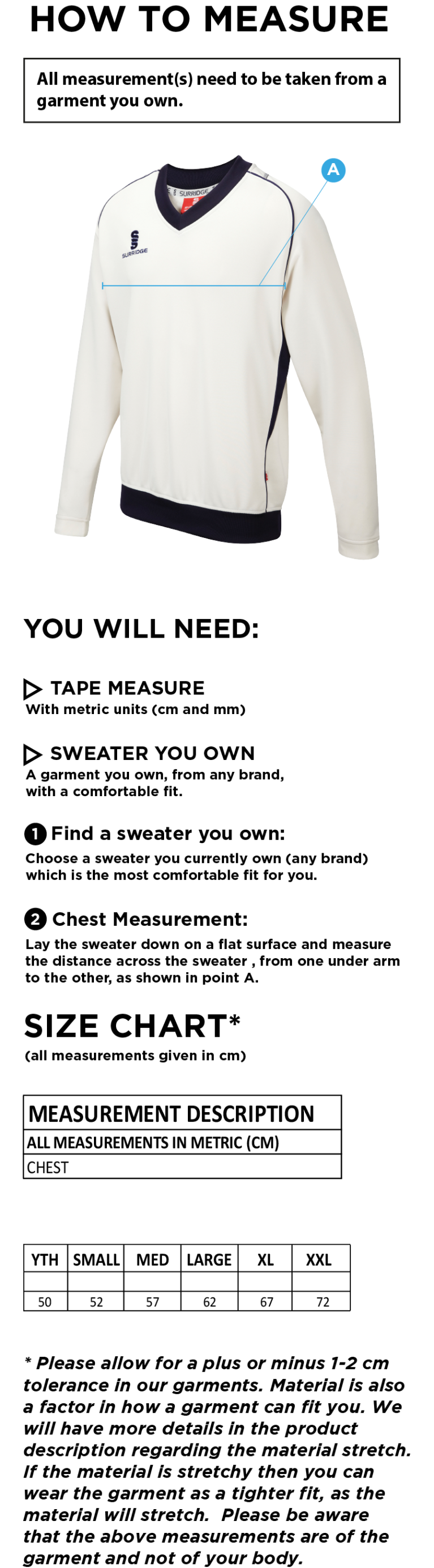 Byfleet CC Senior Long Sleeve Sweater - Size Guide