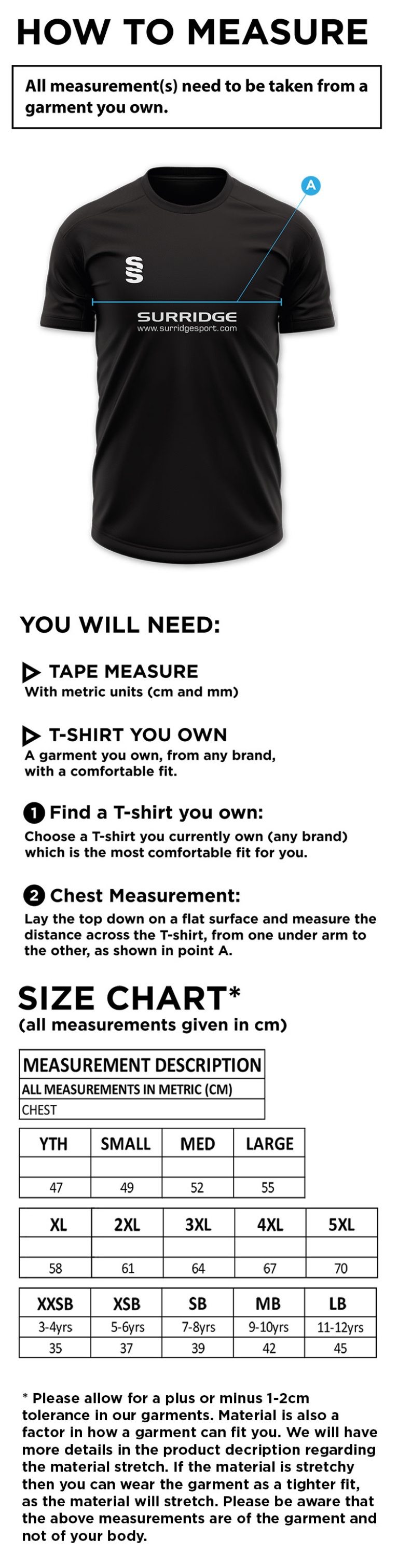 Byfleet CC COLTS Blade Polo Shirt - Size Guide