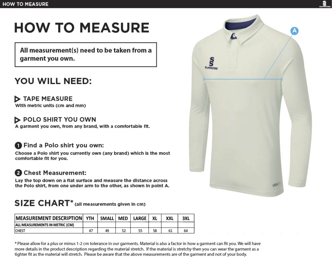 Byfleet CC COLTS Ergo Long Sleeve Cricket Shirt - Size Guide
