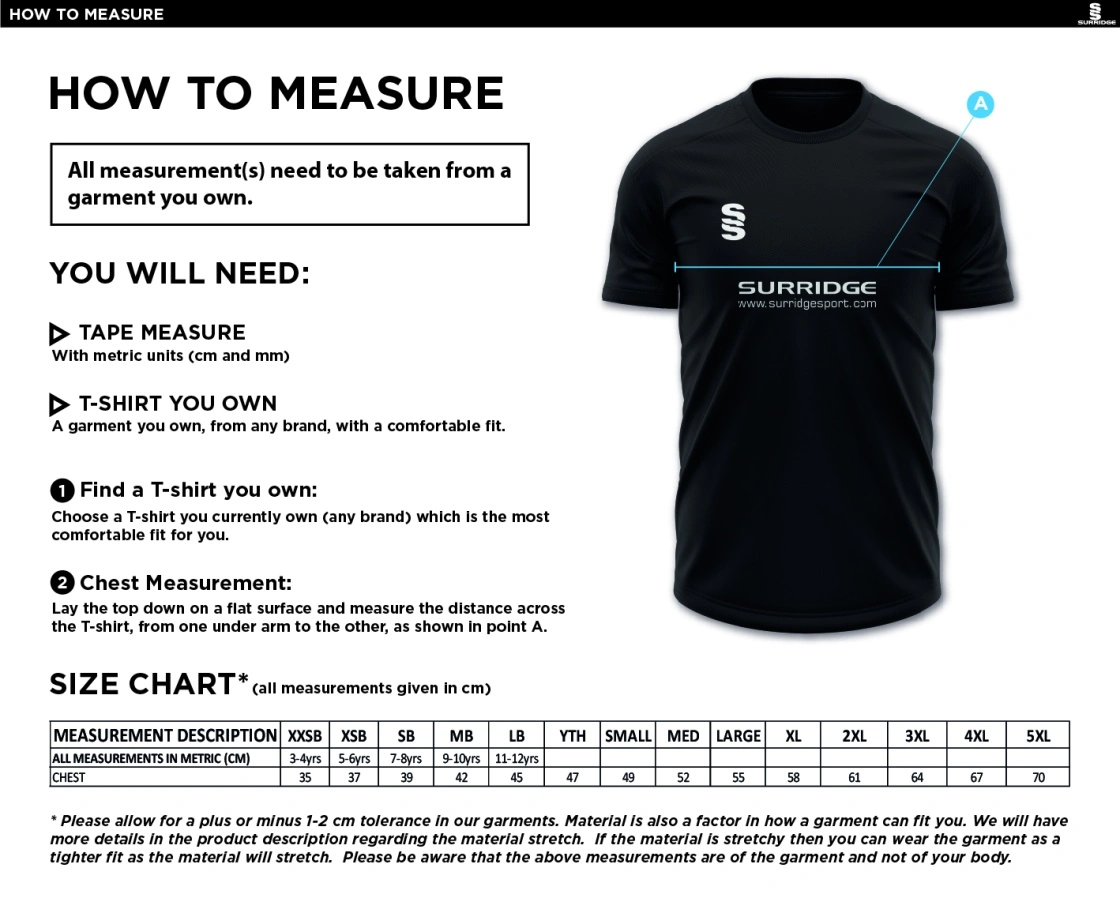 Byfleet CC Senior Blade Polo Shirt - Size Guide